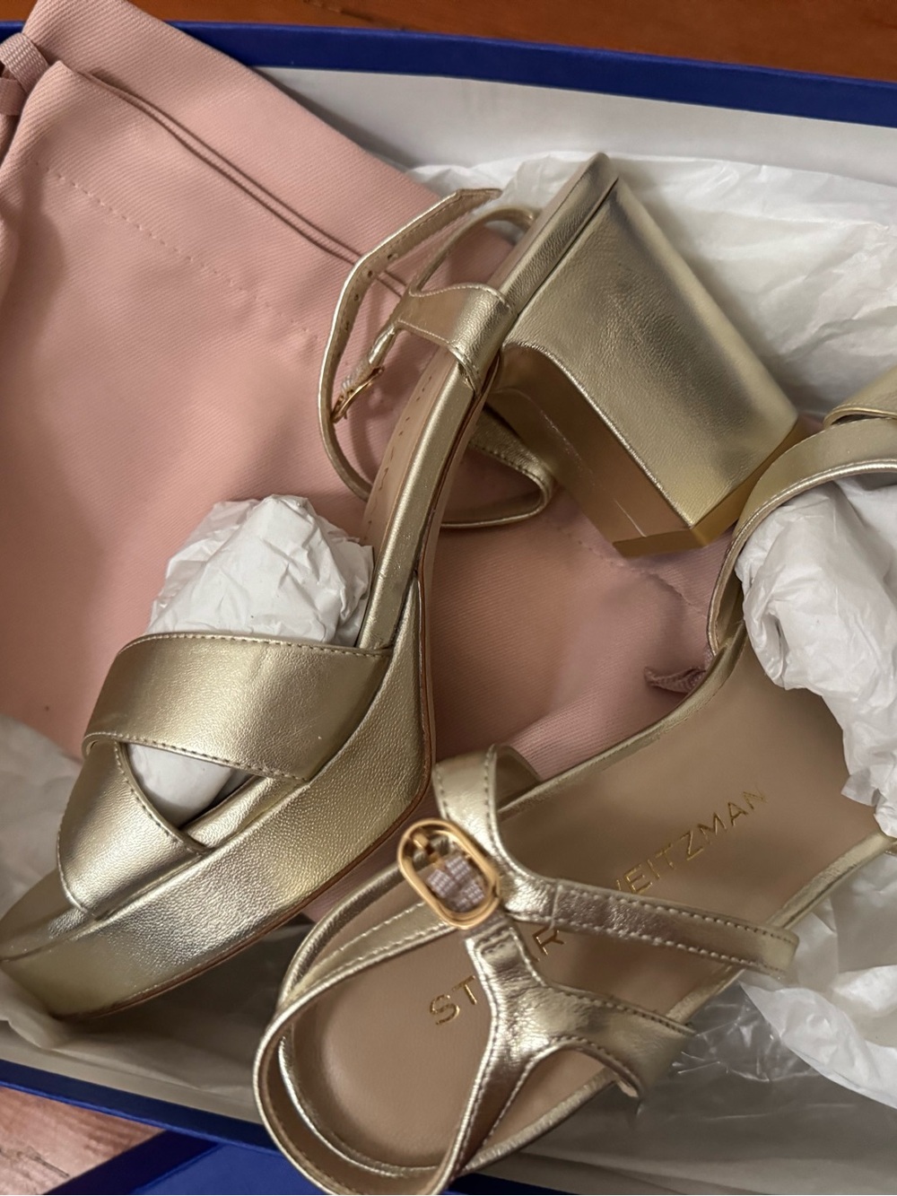 Stuart Weitzman Gold Block Heel Sandals